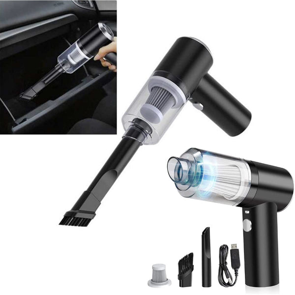 3-in-1 Handheld Car and Home Duster Vacuum Handheld مكنسة كهربائية لاسلكية محمولة صغيرة الحجم تعمل بالهواء المضغوط ومضخة يدوية مع منفذ USB للشحن، مثالية لتنظيف شعر الحيوانات الأليفة والغبار والحصى في المنزل والمكتب